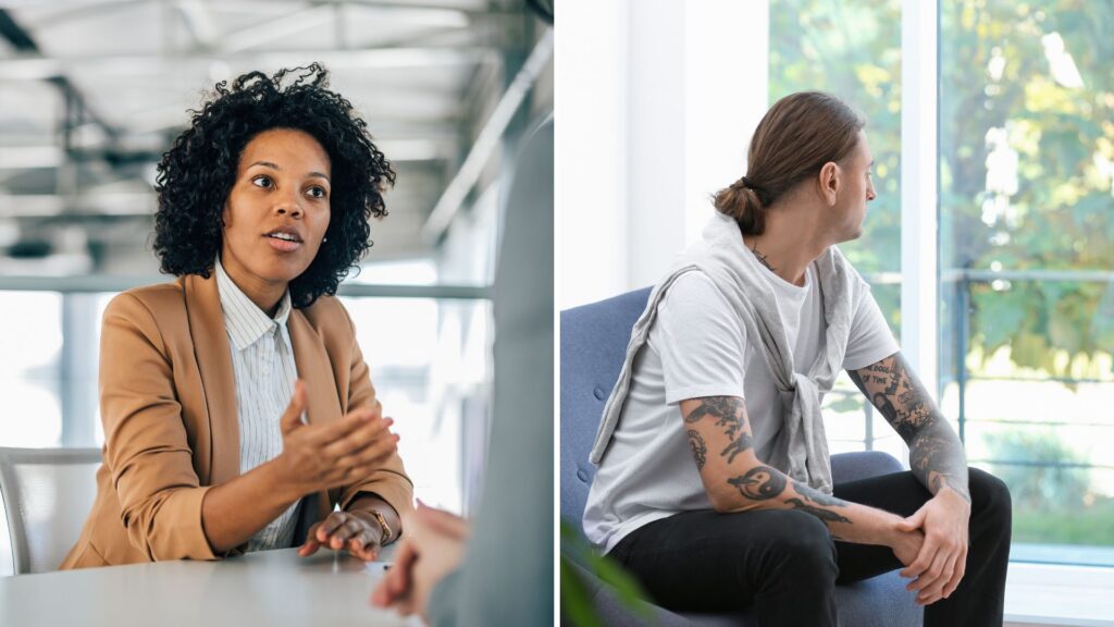 A split image of a women speaking with someone at a desk and a man staring out a window for the topic can you be fired for going to rehab.