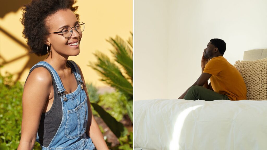 A split image of a woman smiling in a yard and a man sitting on a bed for the topic how long is an inpatient mental health stay.