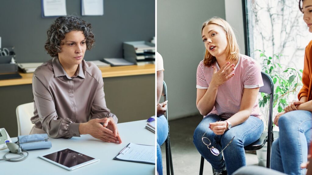 A split image of a woman speaking with a doctor and another woman speaking during group therapy for the topic inpatient vs outpatient rehab.