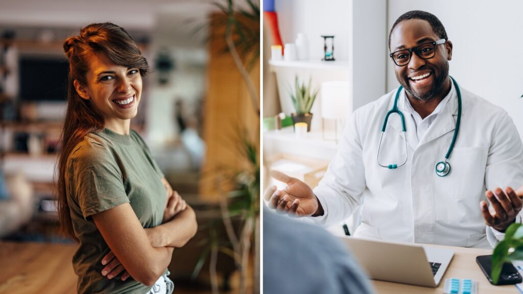 A split image of a woman smiling at home next to a doctor smiling with a patient while discussing how long is iop.