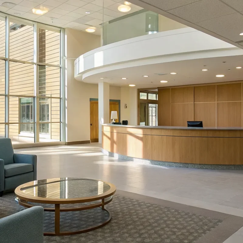 Modern addiction rehabilitation facility lobby with comfortable seating and a welcoming atmosphere.