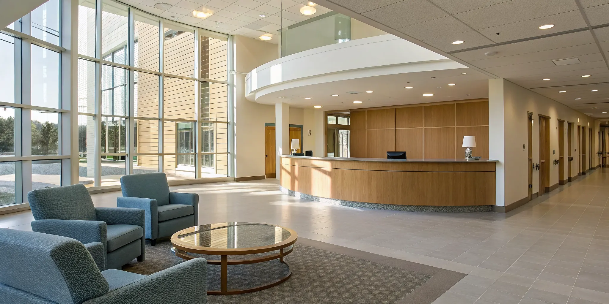 Modern addiction rehabilitation facility lobby with comfortable seating and a welcoming atmosphere.