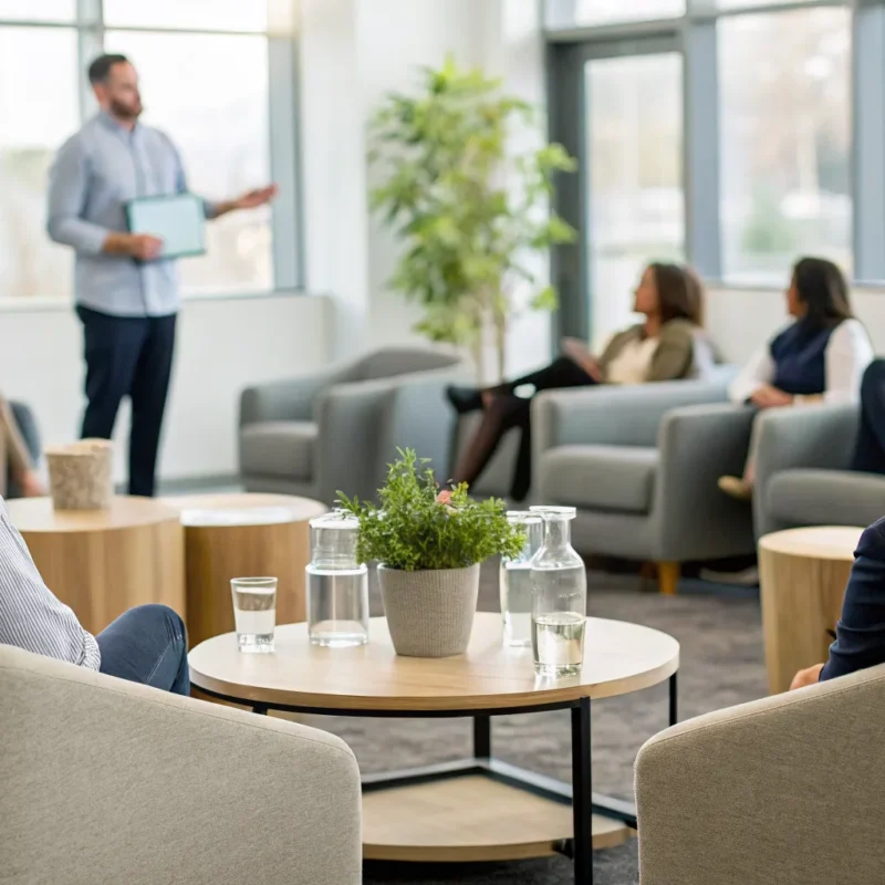 A group therapy session for substance abuse treatment, with people in a circle discussing recovery.