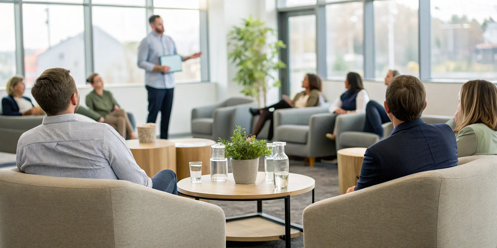 A group therapy session for substance abuse treatment, with people in a circle discussing recovery.