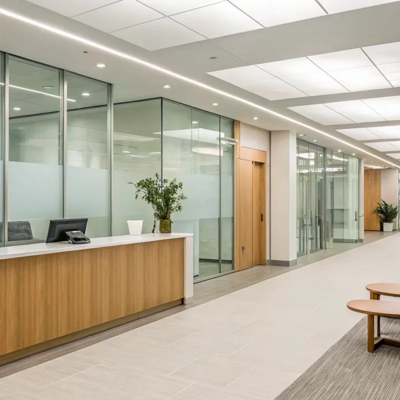 A calm, modern lobby in one of the many types of addiction treatment centers.