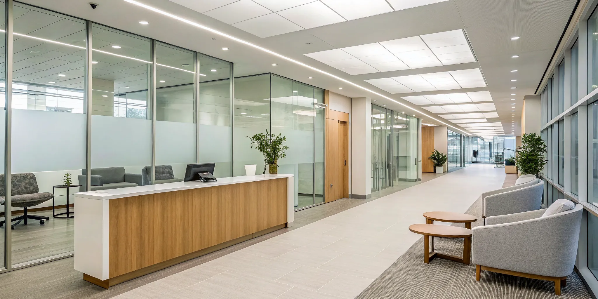 A calm, modern lobby in one of the many types of addiction treatment centers.