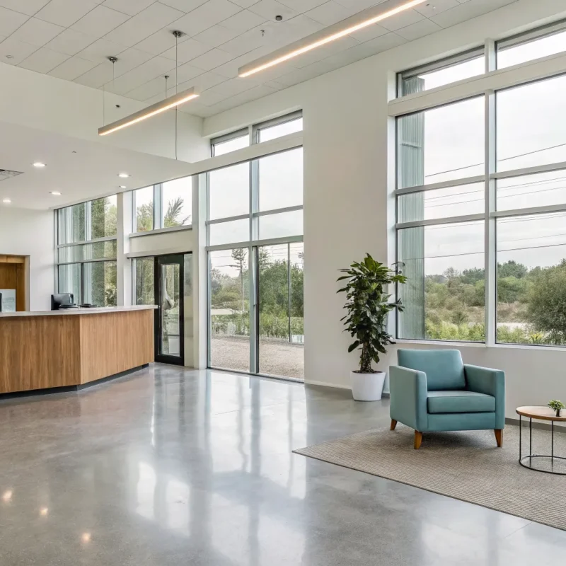 The bright, modern lobby of an addiction center, offering a safe and supportive environment.