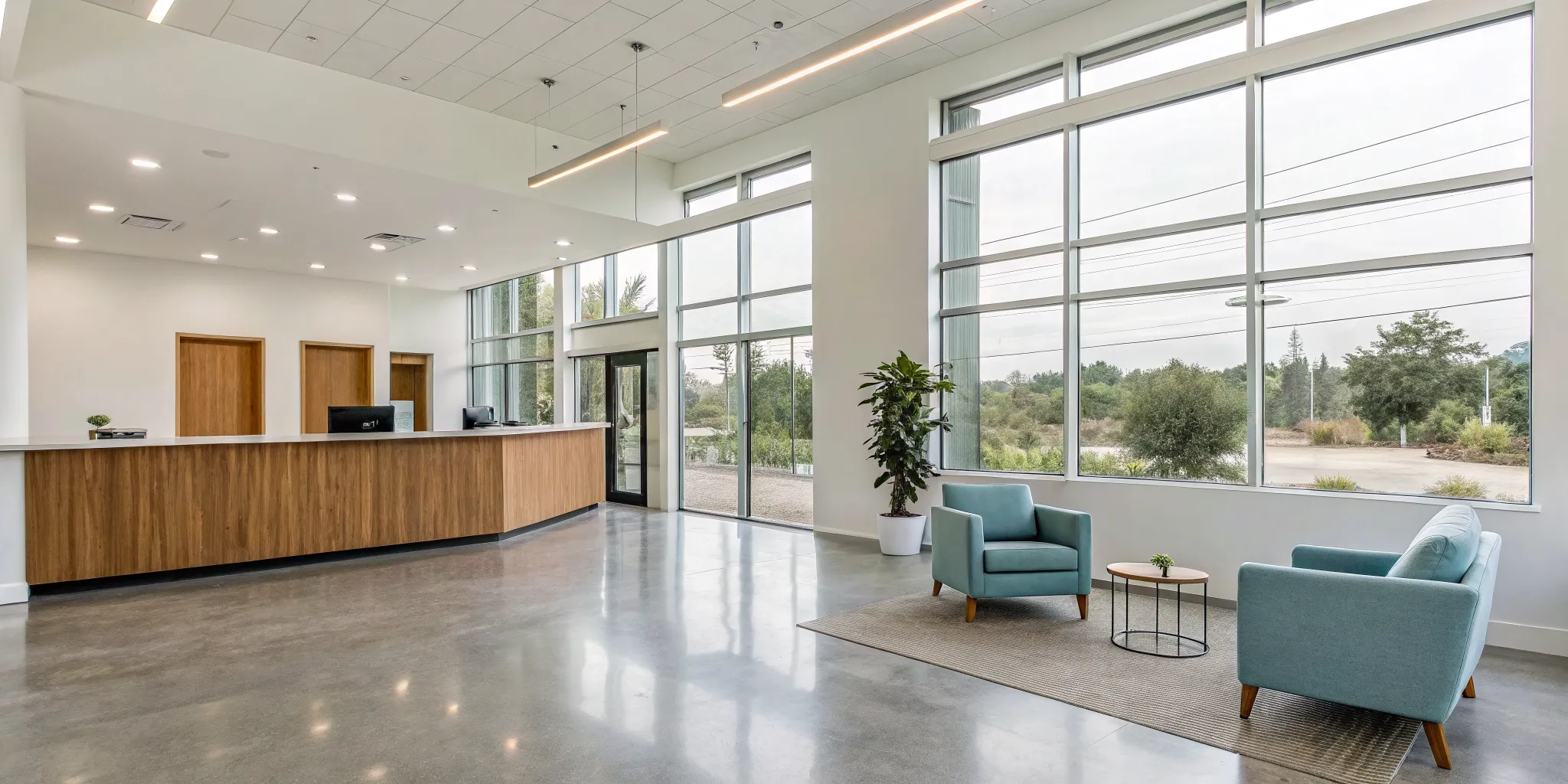 The bright, modern lobby of an addiction center, offering a safe and supportive environment.