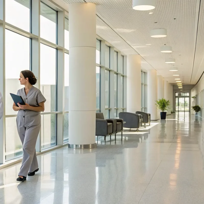 Medical staff discussing patient care in the hallway of an inpatient drug rehab.