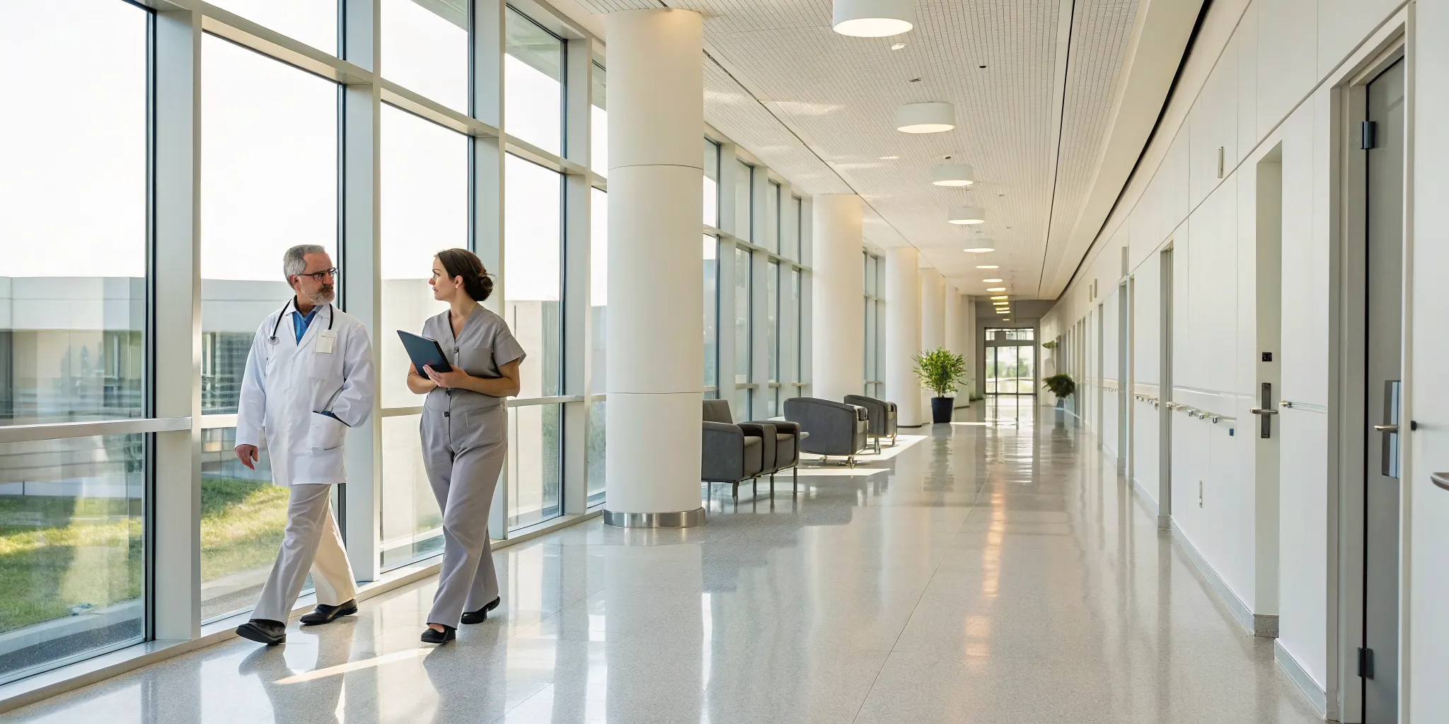 Medical staff discussing patient care in the hallway of an inpatient drug rehab.