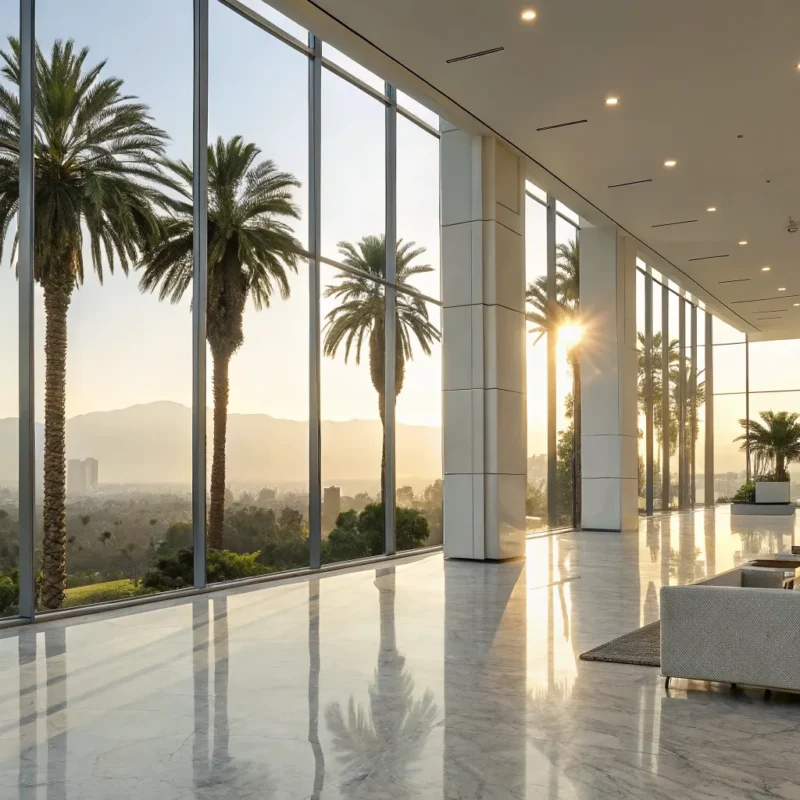 A modern alcohol and drug rehab in Los Angeles overlooking the city at sunset.
