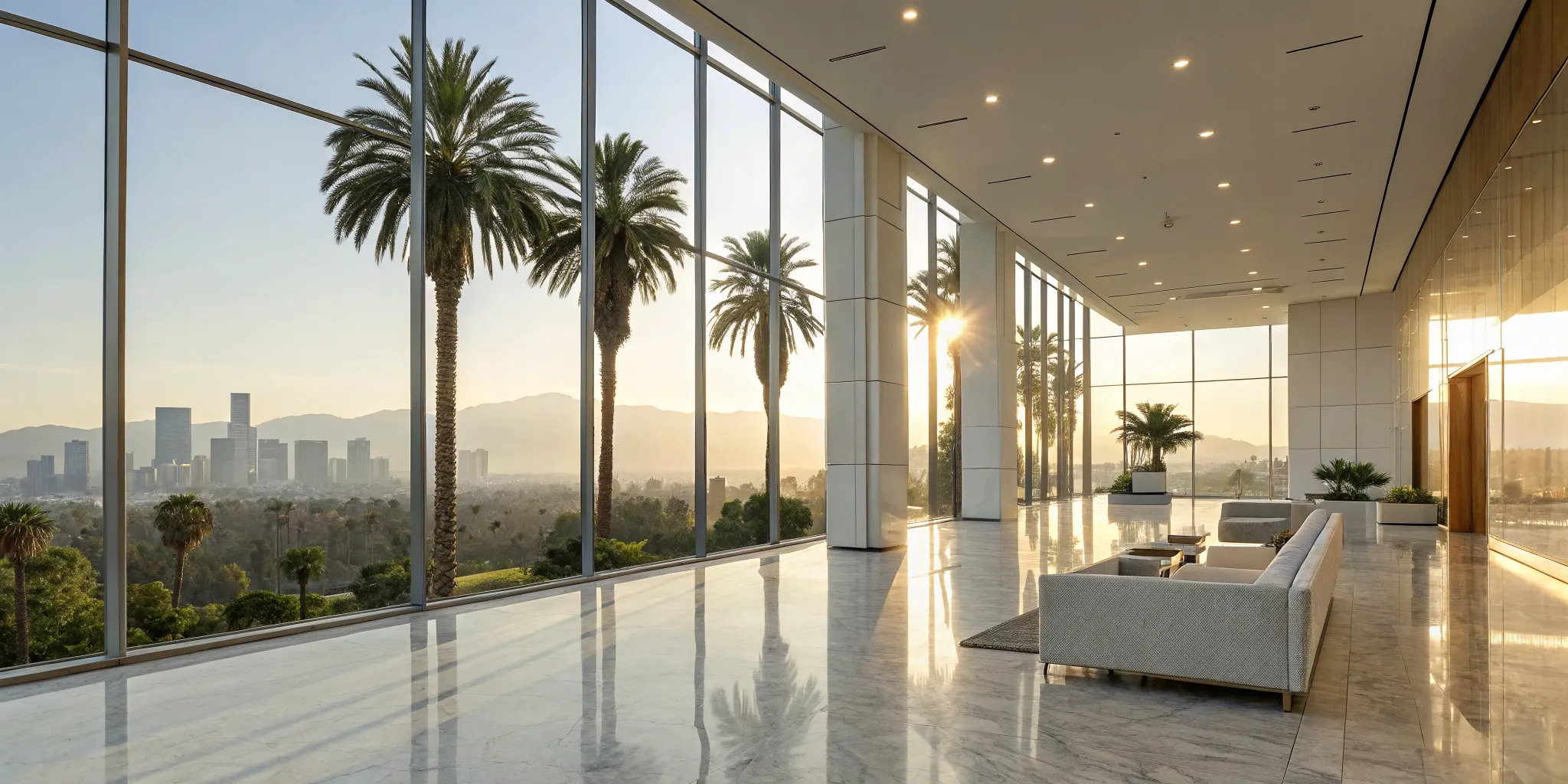 A modern alcohol and drug rehab in Los Angeles overlooking the city at sunset.