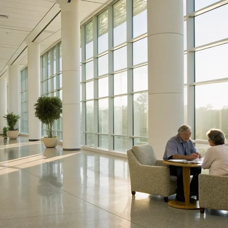 Bright, modern lobby of an inpatient drug rehab center with comfortable seating.