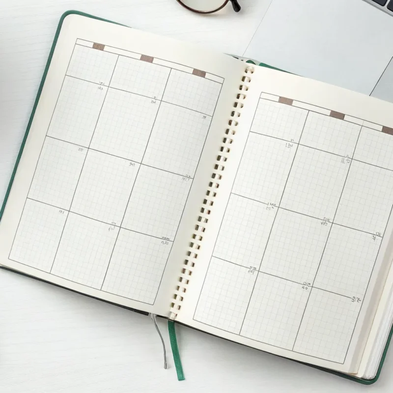 Creating a relapse prevention plan with a planner and laptop.