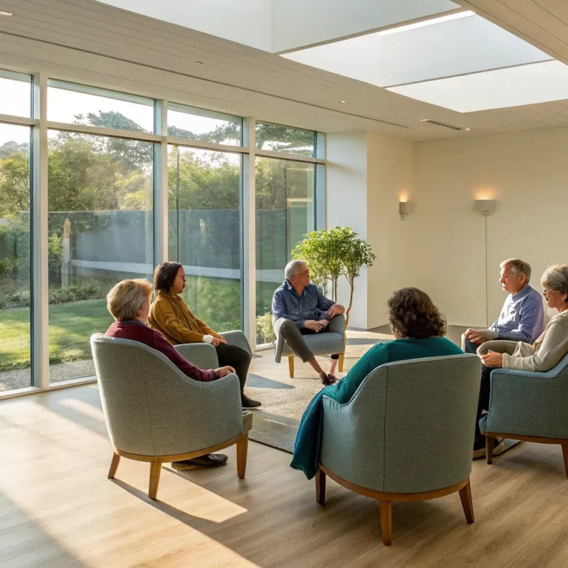 A supportive group therapy session at a rehab center for alcohol abuse.