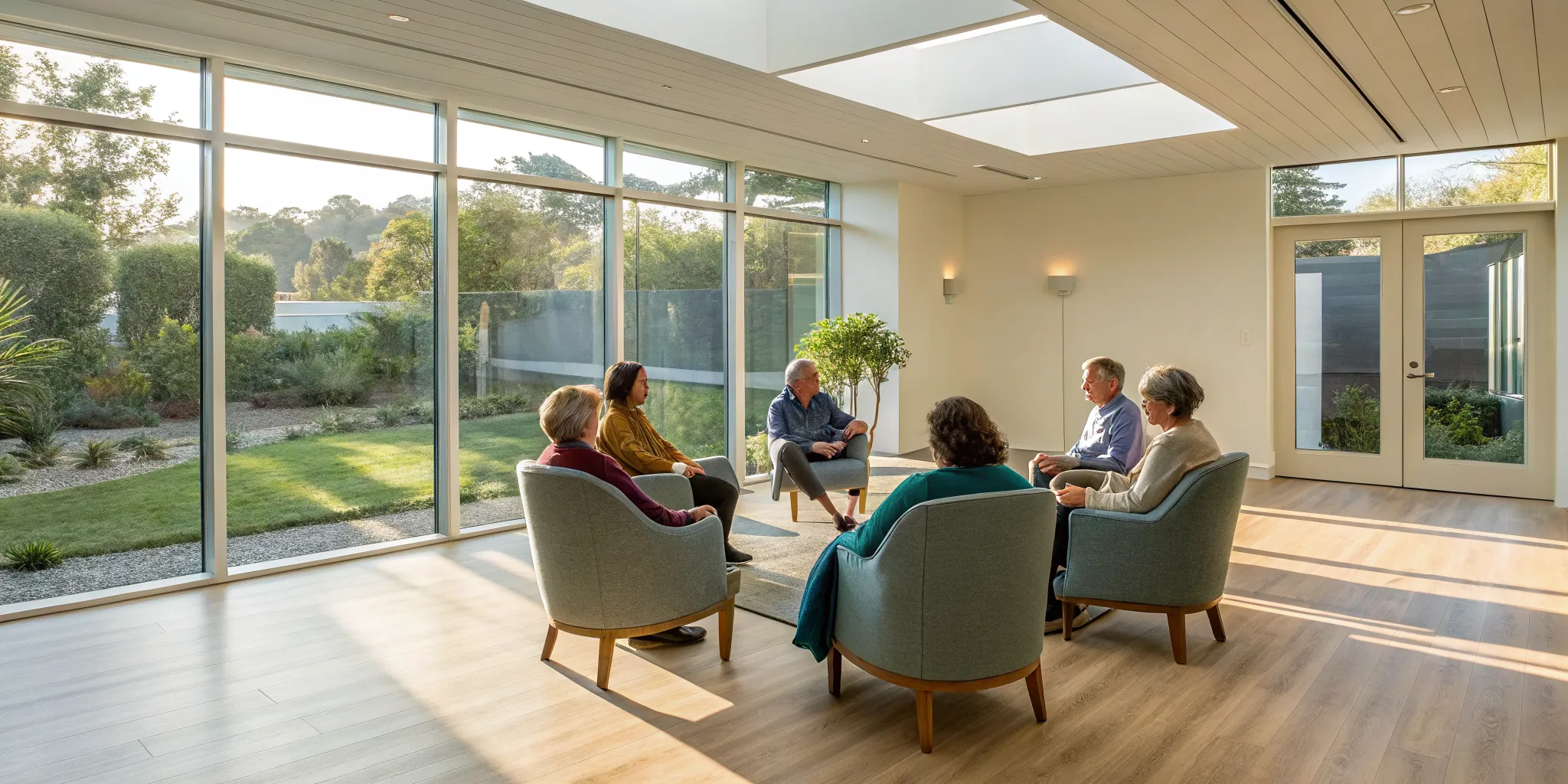 A supportive group therapy session at a rehab center for alcohol abuse.