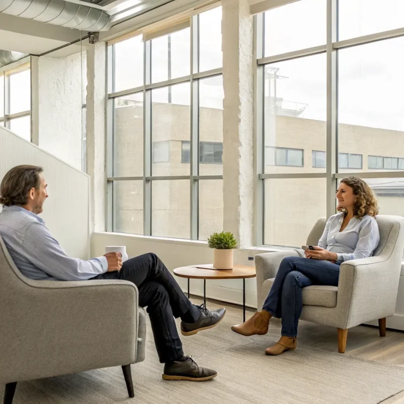 A counselor and patient discuss a treatment plan for substance abuse rehab in a modern facility.