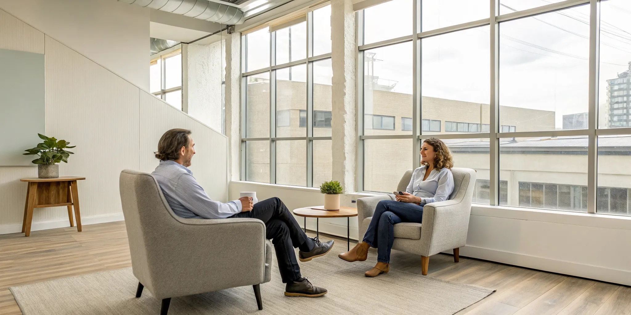 A counselor and patient discuss a treatment plan for substance abuse rehab in a modern facility.