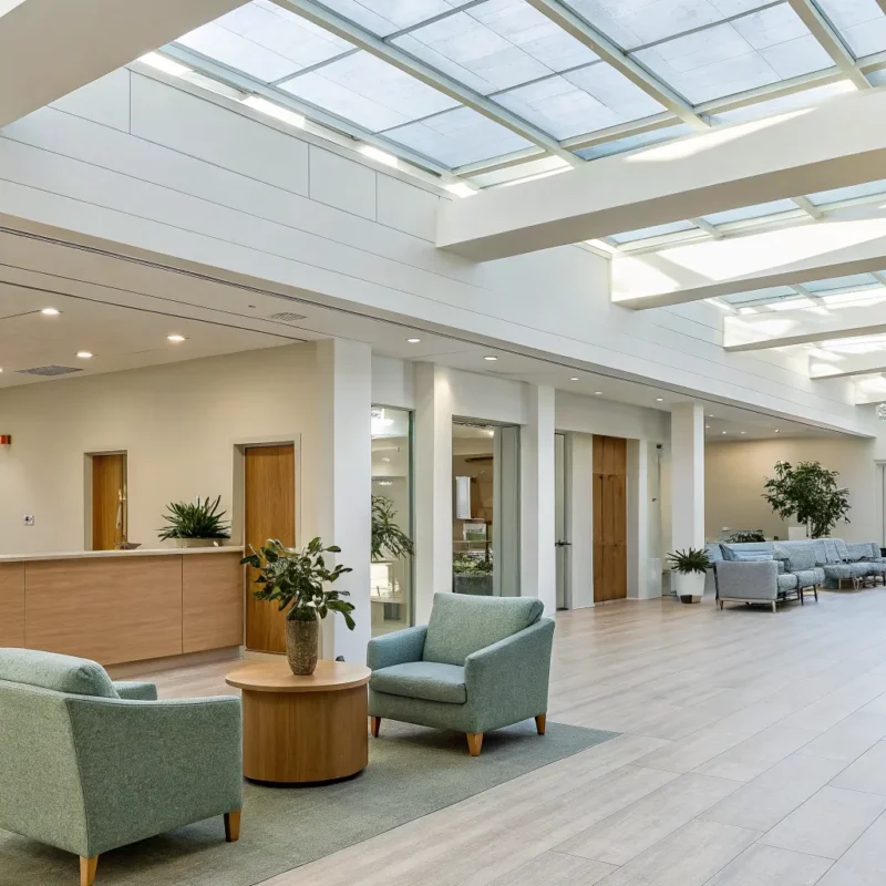 Lobby of a modern rehab place with comfortable seating, offering a welcoming start to treatment.