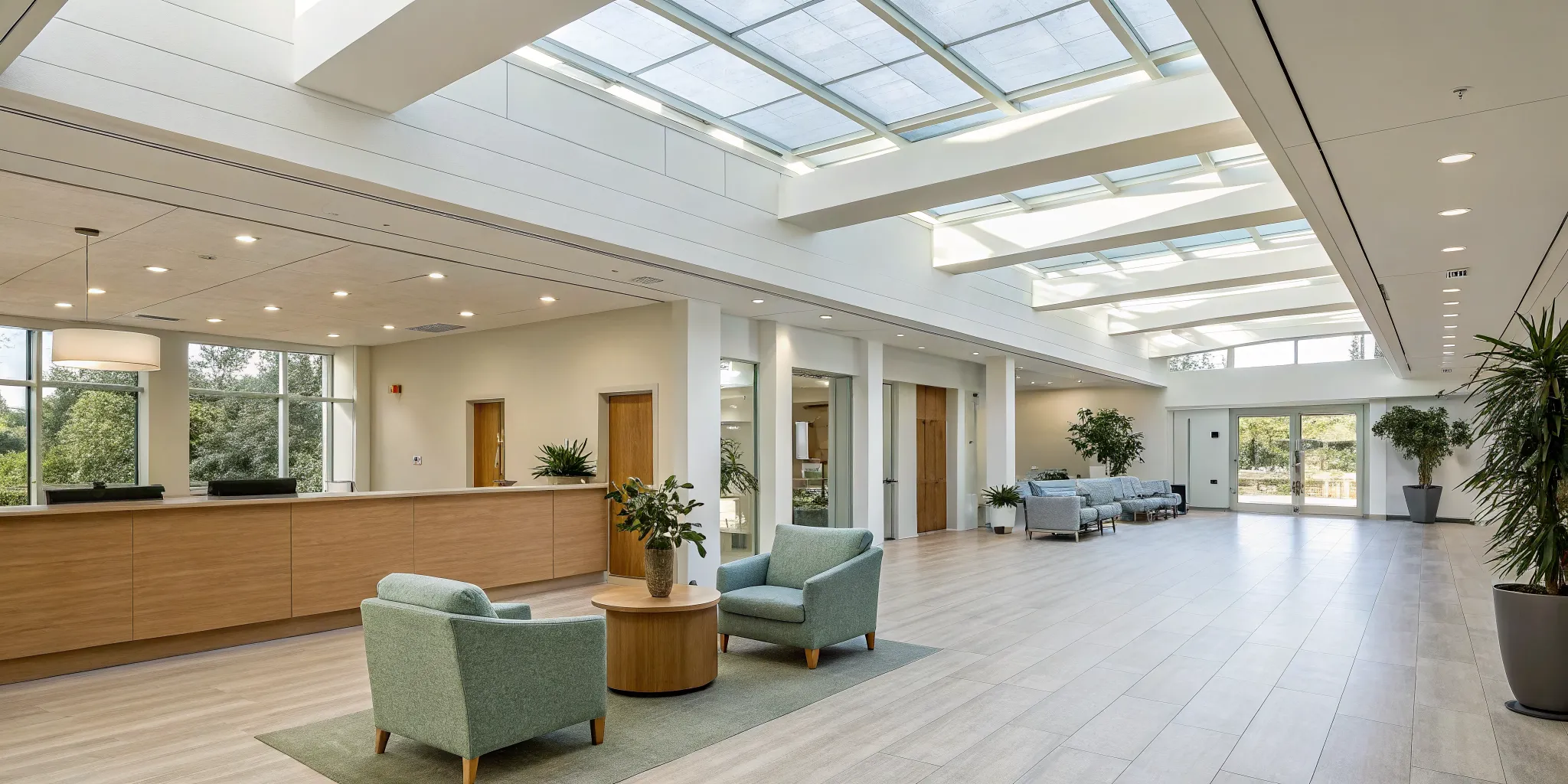 Lobby of a modern rehab place with comfortable seating, offering a welcoming start to treatment.