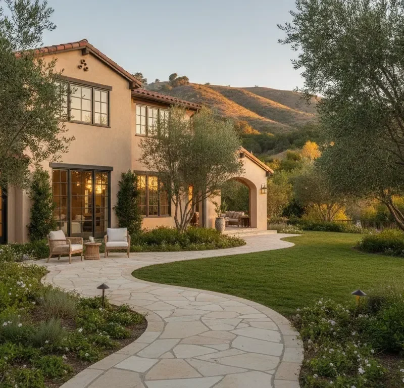 Landscaped path leading to a private Southern California residential treatment home