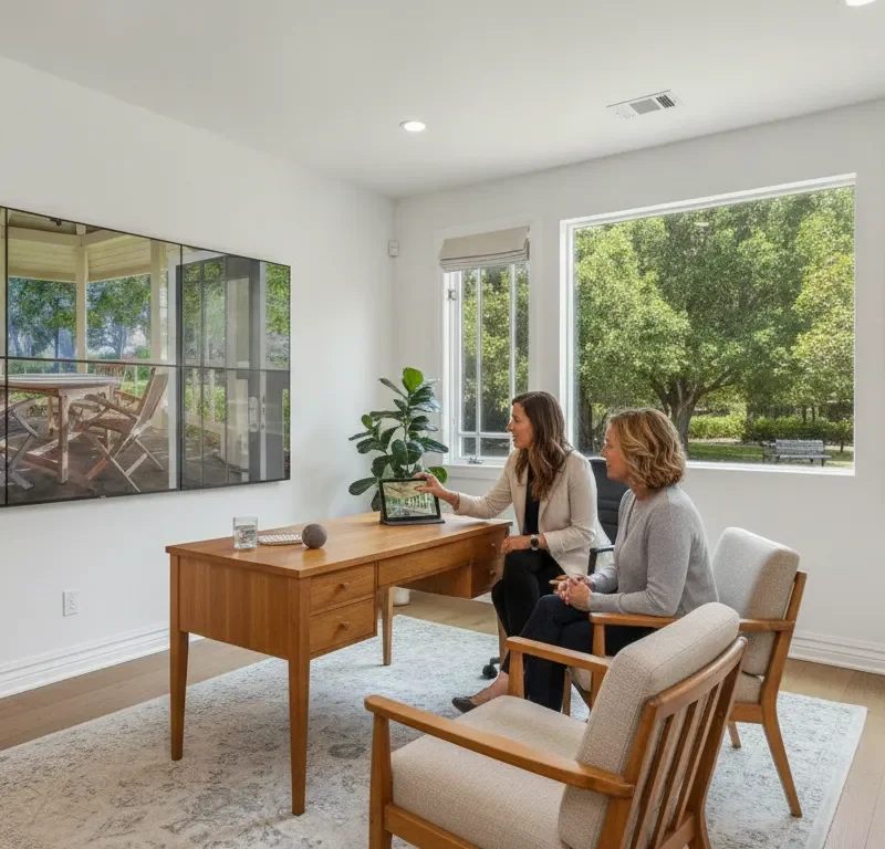 Two women discuss agoraphobia treatment in a bright office with large windows and greenery outside.