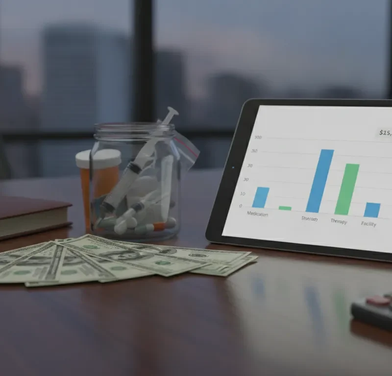 Calculating the cost of opioid detox with a tablet, cash, and calculator.