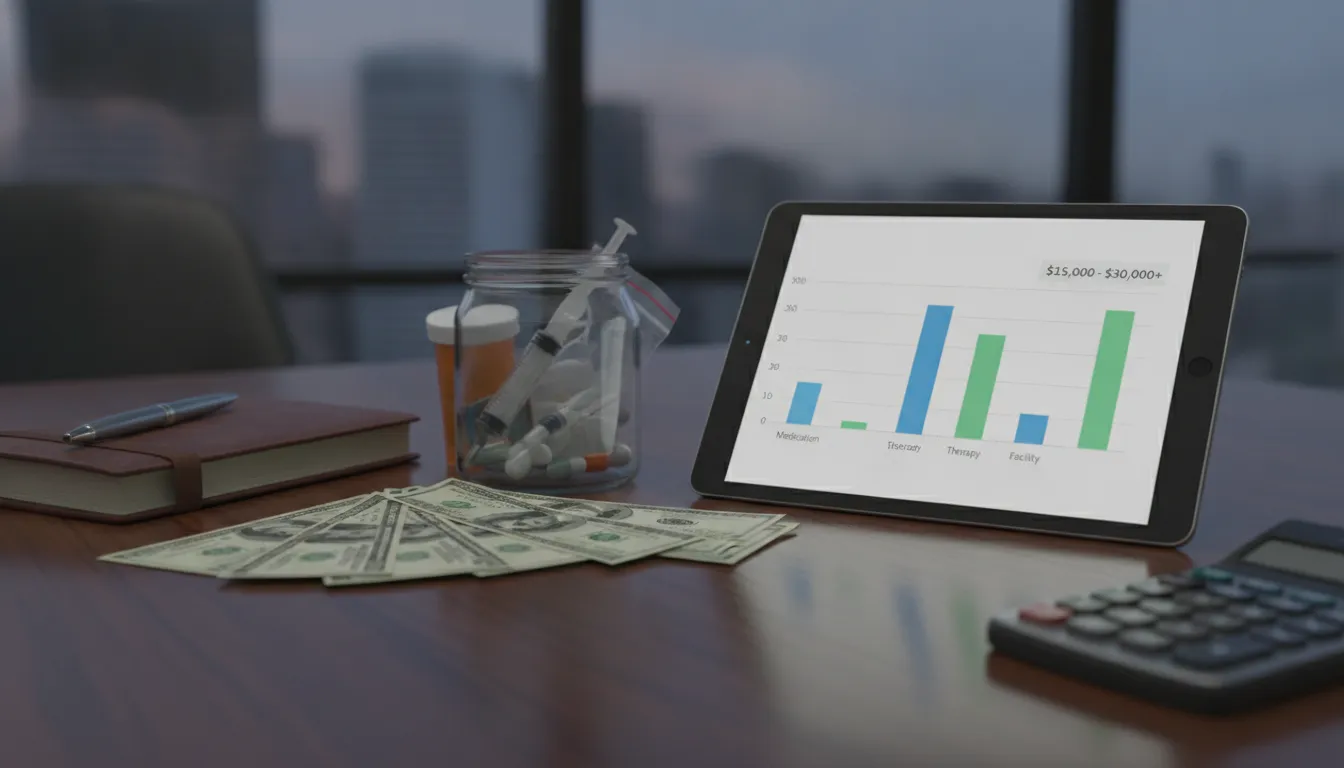Calculating the cost of opioid detox with a tablet, cash, and calculator.