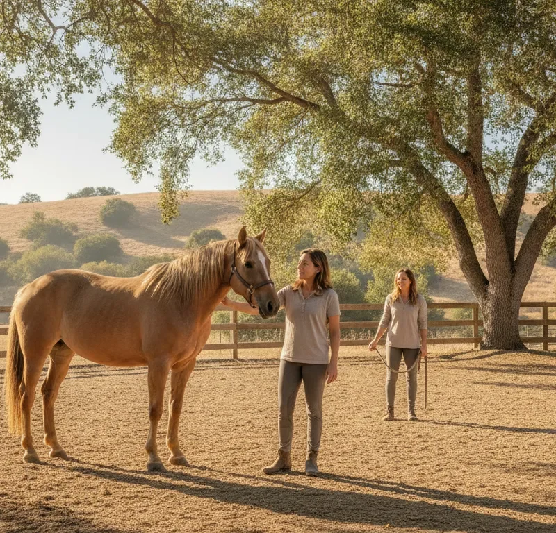 Adult participant and horse in a supervised equine therapy setting at a Southern California ranch