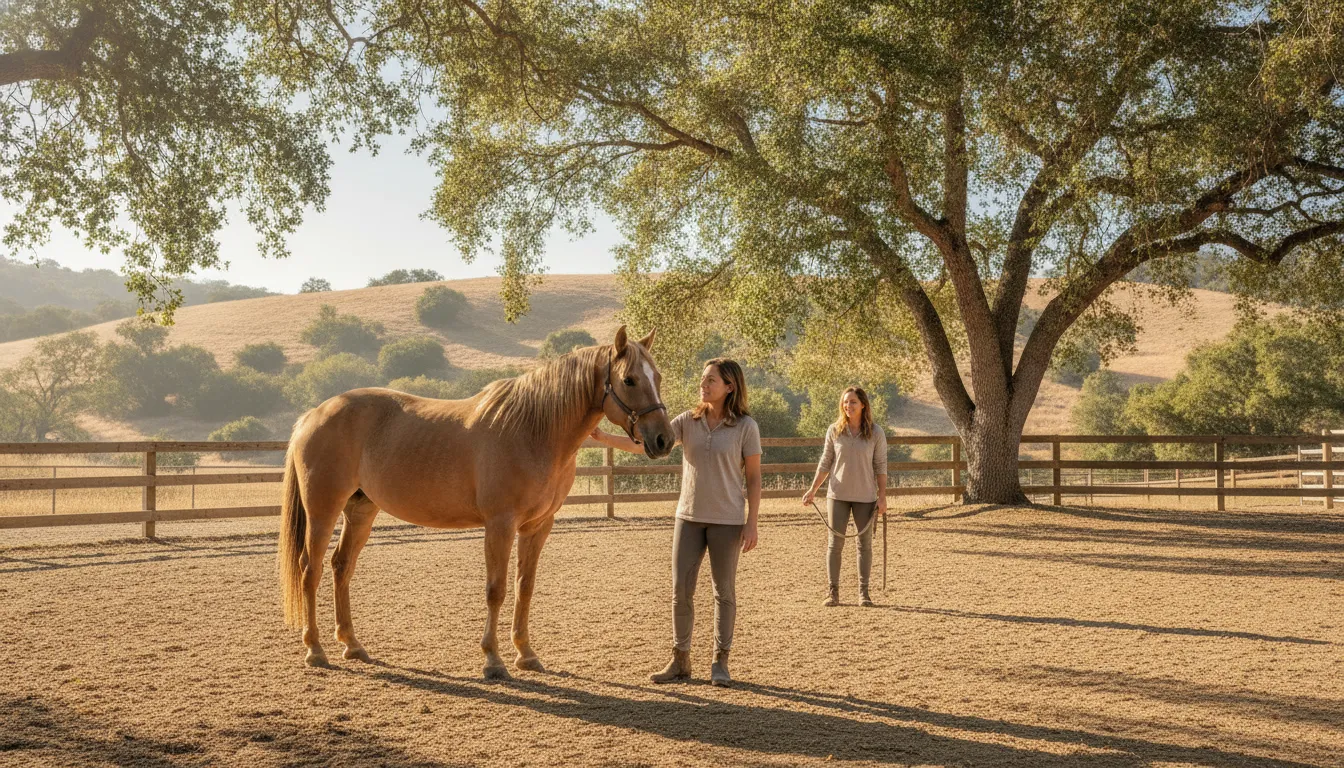 Adult participant and horse in a supervised equine therapy setting at a Southern California ranch
