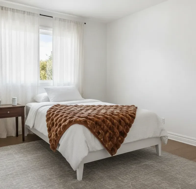 Minimalist bedroom with a single bed, white bedding, and brown throw.