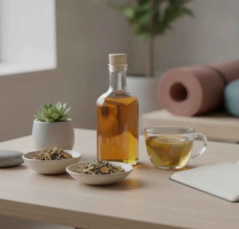 Herbal tea, dried herbs, and a journal for a holistic detox for alcohol.