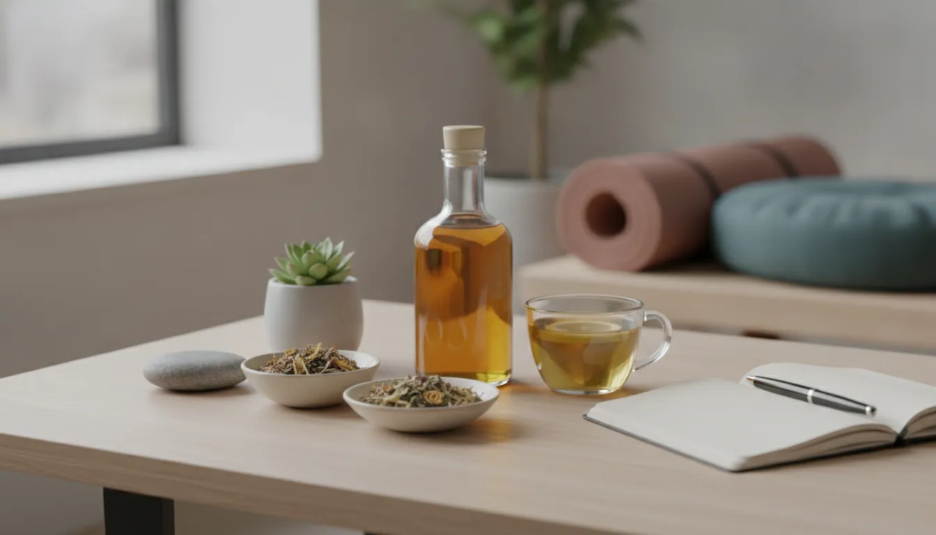 Herbal tea, dried herbs, and a journal for a holistic detox for alcohol.
