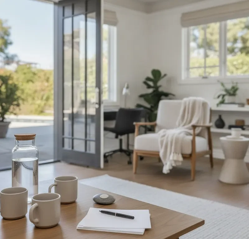 Calm living room with open doors, chairs, water, and notepad for stopping kratom safely.