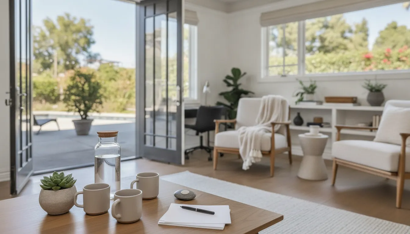 Calm living room with open doors, chairs, water, and notepad for stopping kratom safely.