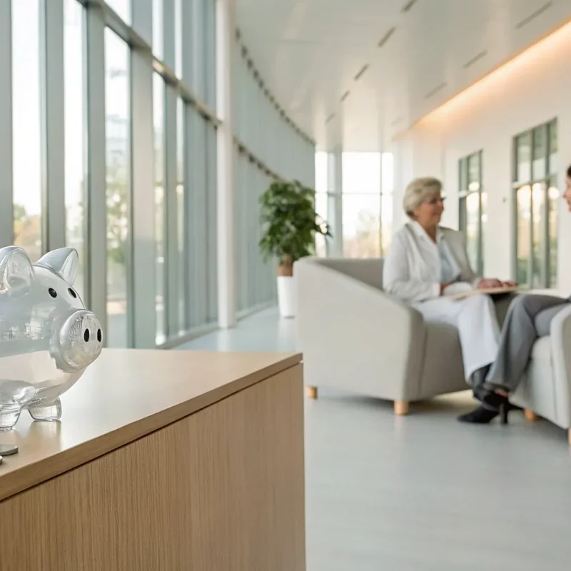 The cost of inpatient alcohol rehab represented by a piggy bank and women in a facility.