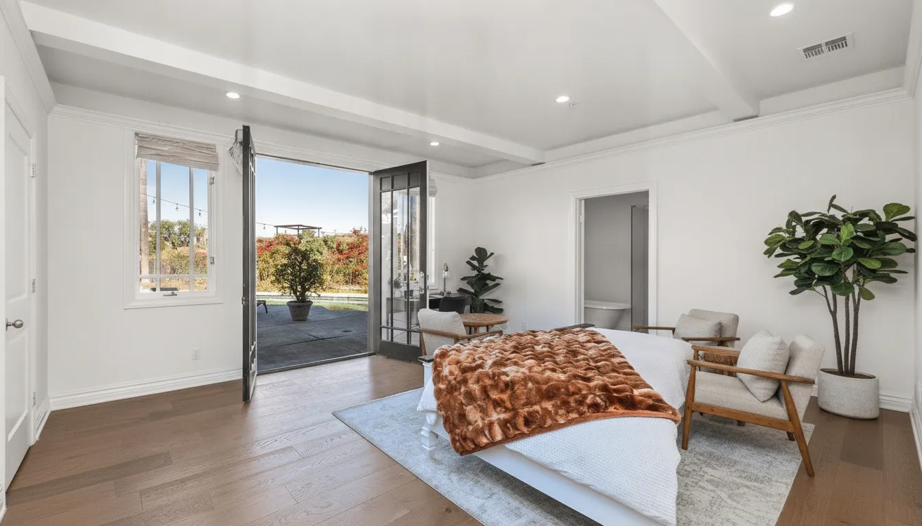 Modern inpatient bedroom with open patio doors in a comfortable Xanax detox setting.