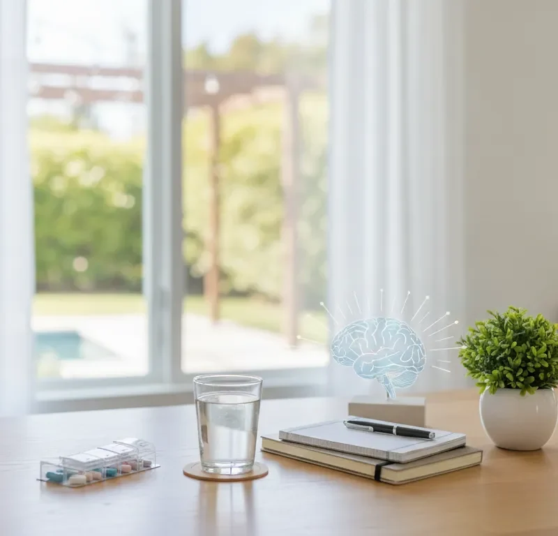 Glass of water, pill organizer, notebooks, and plant for major depressive disorder treatments.
