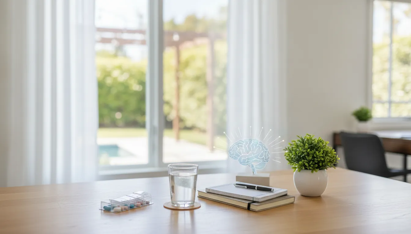 Glass of water, pill organizer, notebooks, and plant for major depressive disorder treatments.
