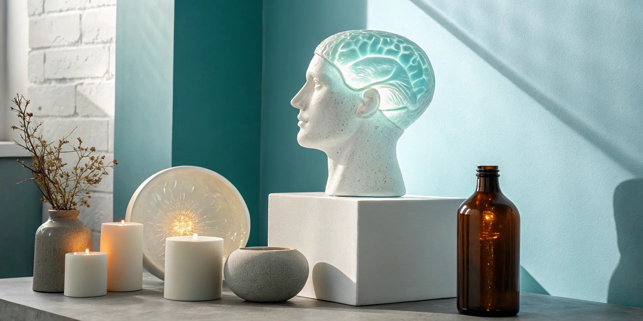 A sculpted head with an exposed brain shows the link between mental health and substance abuse.