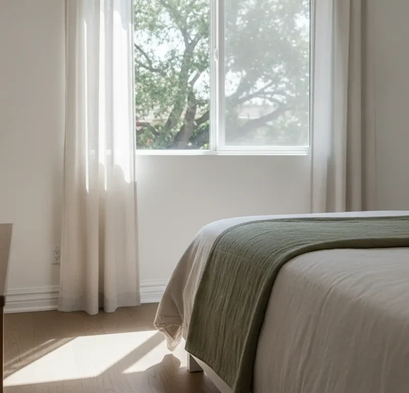 Minimalist bedroom with natural light, simple bed, and bedside table.