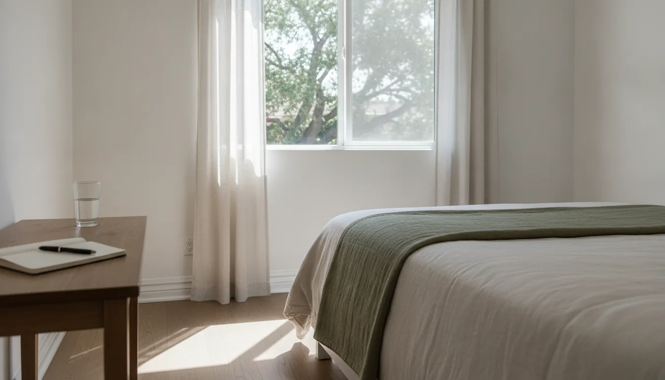 Minimalist bedroom with natural light, simple bed, and bedside table.