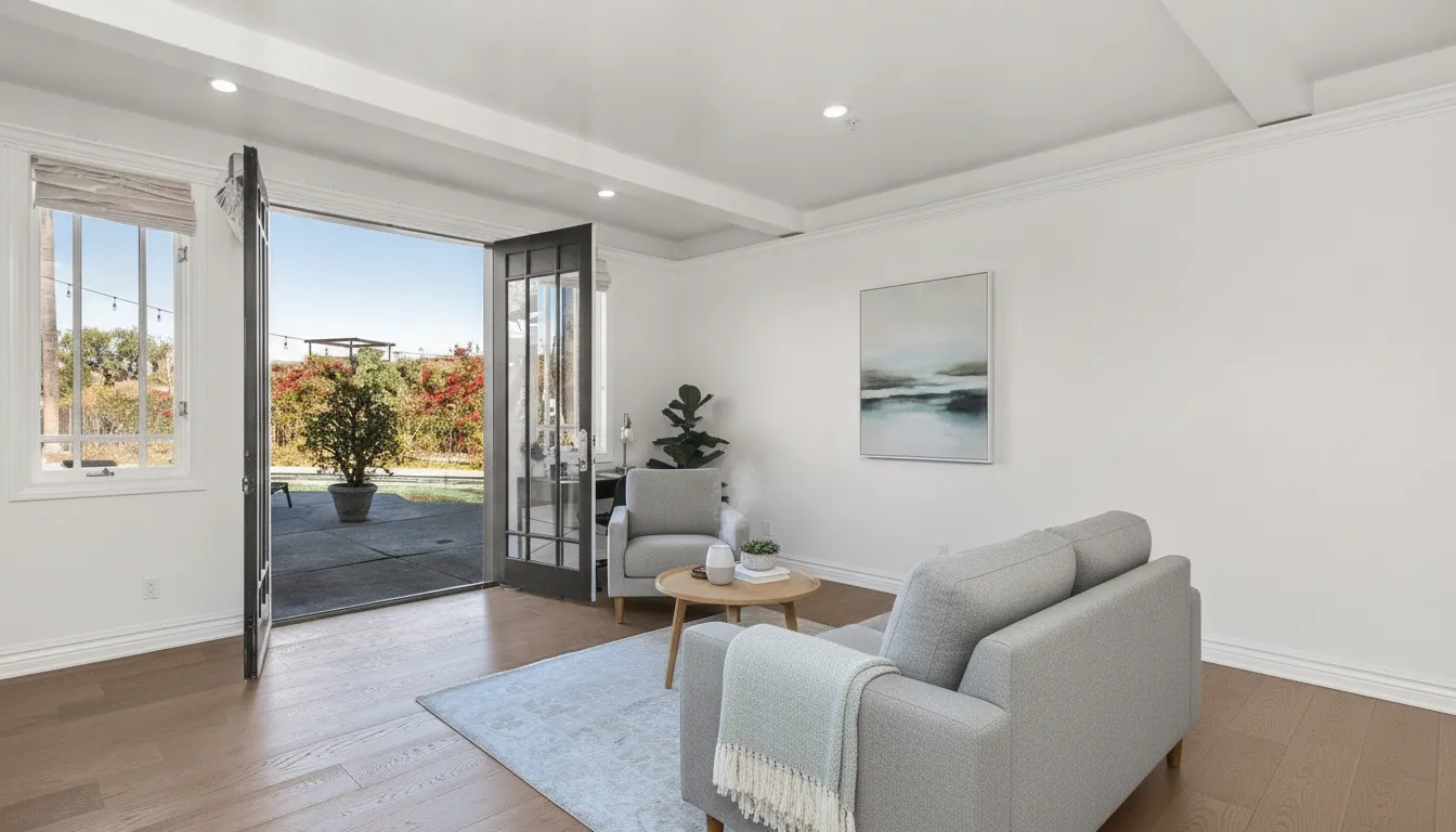 Bright living room with open doors and calming decor for panic attack treatment.