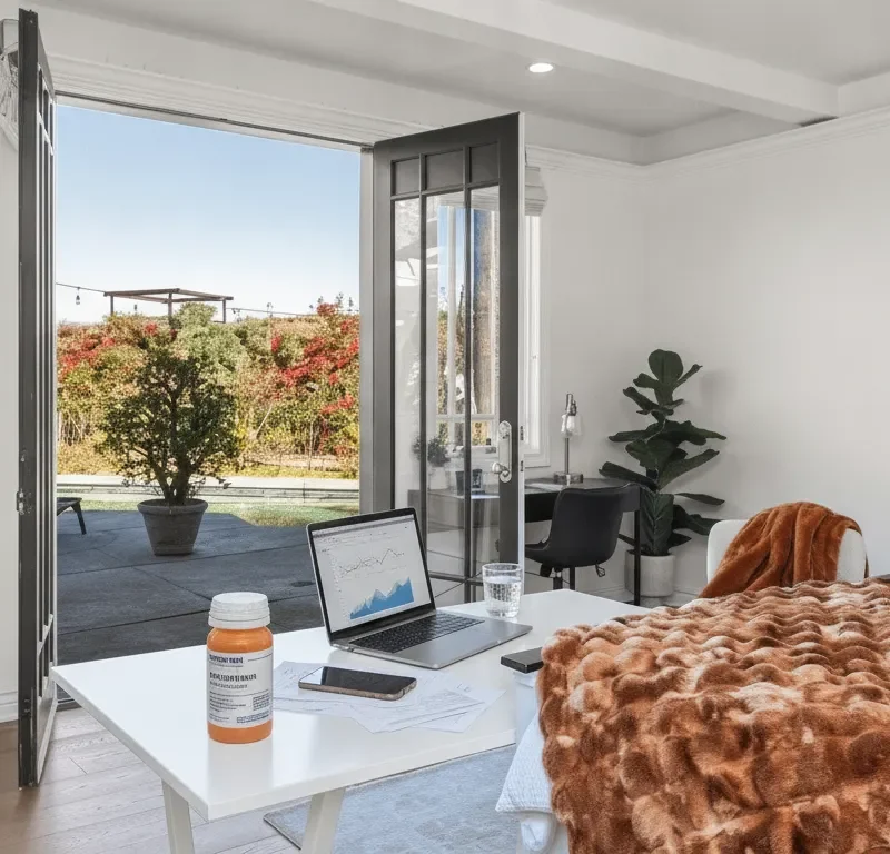 Adderall prescription bottle and laptop in a bedroom near open patio doors.