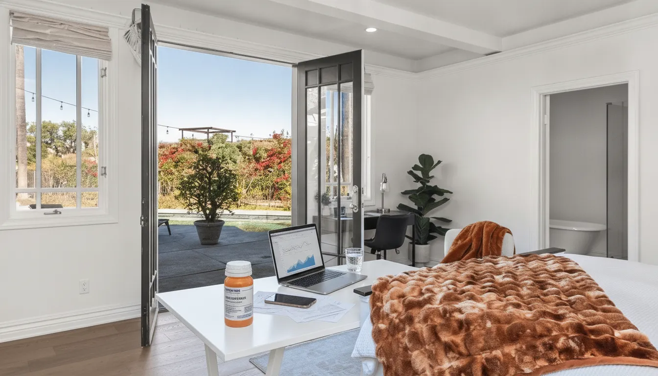 Adderall prescription bottle and laptop in a bedroom near open patio doors.