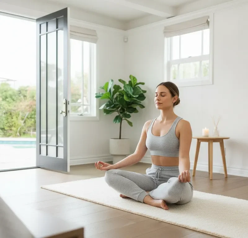 Woman meditating crosslegged indoors as a relaxation exercise for mental health.