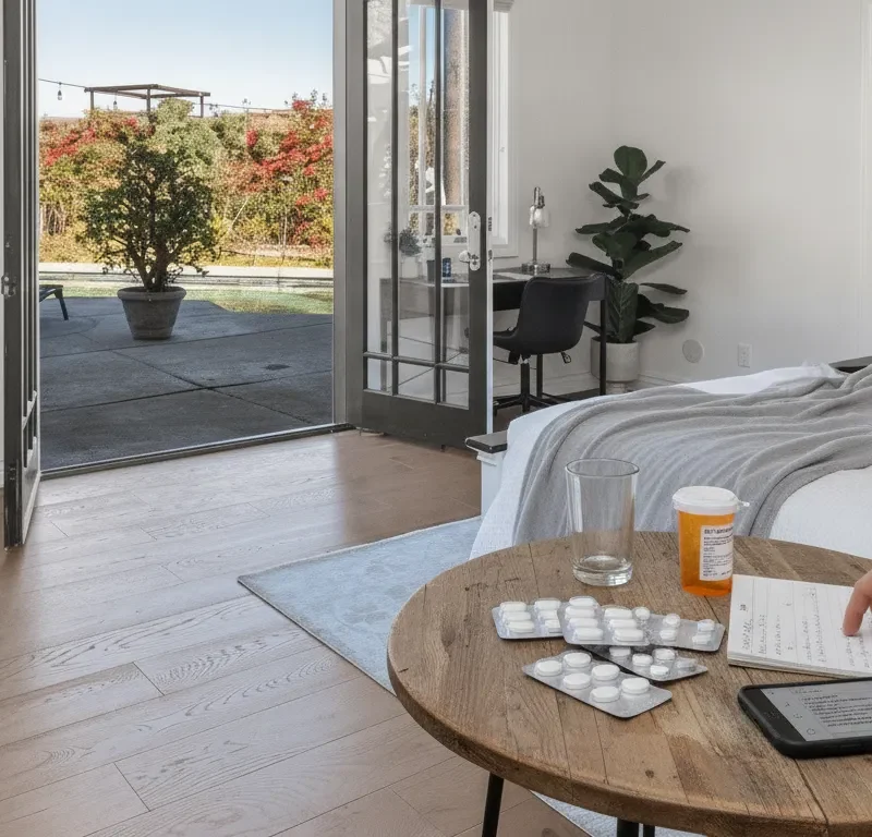 Xanax pills, prescription bottle, and notes on a table in an open bedroom.