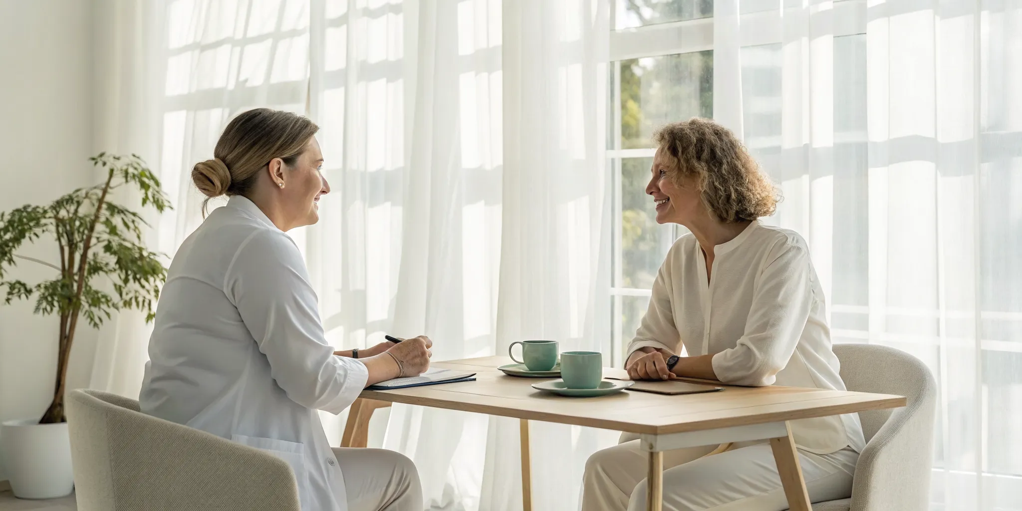 Two women discussing holistic treatment options for alcohol addiction.