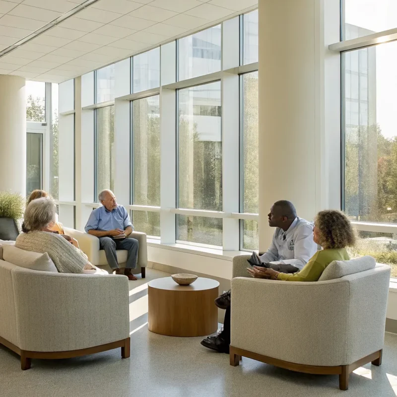 People talking and relaxing in a bright, comfortable inpatient rehab common area.