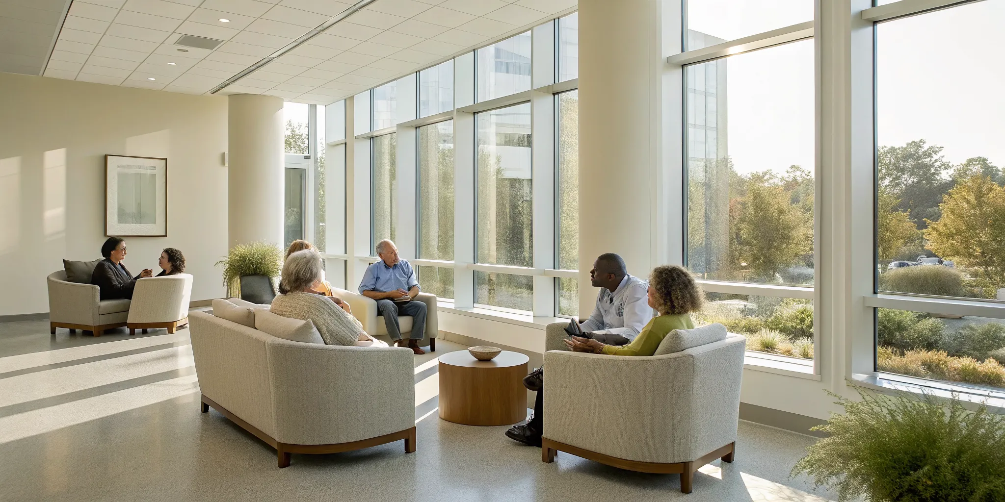 People talking and relaxing in a bright, comfortable inpatient rehab common area.